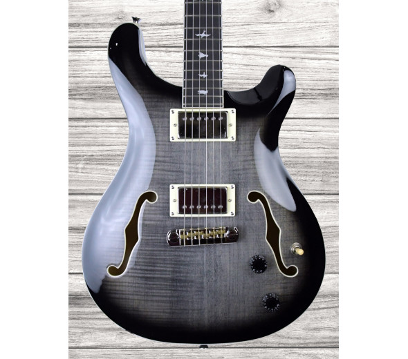 PRS  SE HB II CA Charcoal Burst - Guitarra eléctrica de doble corte, tipo cuerpo hueco., Tapa y fondo de arce flameado, cuerpo central de caoba, 22 trastes, escala de 25'', mástil de caoba, Escala de ébano, 