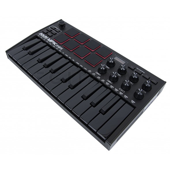 Akai Professional MPK Mini MK3 Black  - Controlador MIDI Akai Professional MPK Mini MK3 Negro, edición especial en negro, 25 miniteclas sensibles a la velocidad, Joystick de 4 vías para control de tono y modulación, 8 pads MPC con repeti...