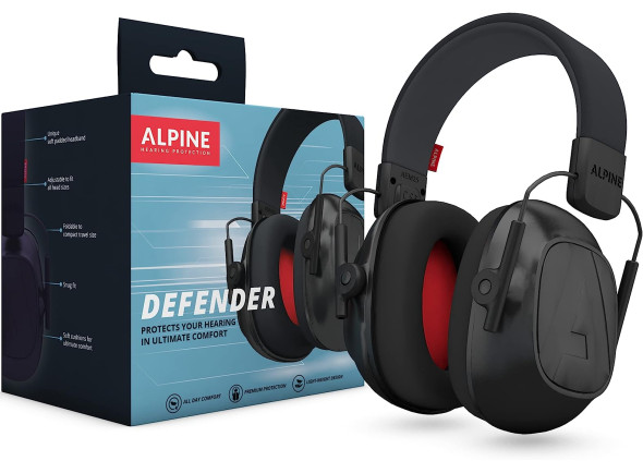 Alpine  Defender Earmuffs - protección para los oídos, Alta atenuación en una cómoda protección auditiva para adultos, materiales de alta calidad, ligero y cómodo, Acolchado suave para un uso cómodo, plegable, 