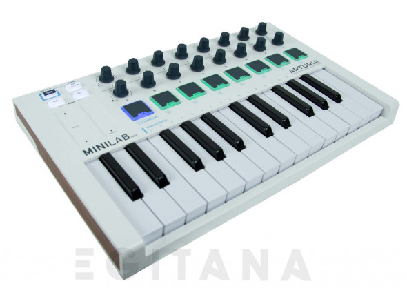 Arturia MiniLab MKII - Controlador de teclado MIDI Arturia MiniLab MKII, 25 miniteclas sensibles a la velocidad, 16 codificadores - 2 de ellos seleccionables, 2 bancos de 8 pads sensibles a la velocidad y la presión con ...