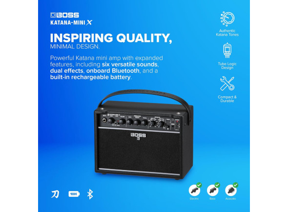 <b>Coluna Bluetooth BOSS KATANA MINI X Combo Portátil Guitarra Elétrica Baixo Acústica 10W Multi-FX Bateria Interna porta USB BEST-SELLER</b>