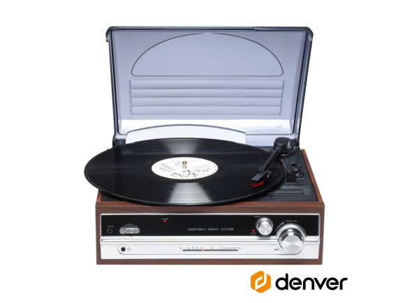 Denver  Gira-Discos 33/45/78RPM Vintage AUX/FM - Control de velocidad: 33rpm, 45rpm y 78rpm, Entrada y salida de línea, Entrada AUX y radio FM, Equipado con 2 parlantes, aguja de ceramica, Potencia: 230V, 