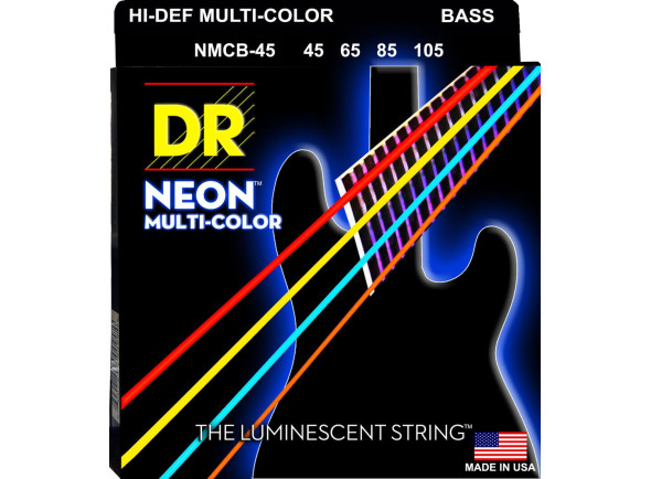 DR Strings  Neon Multi NMCB-45 Cordas Baixo Elétrico 4 Cordas - Revestimiento: K3 Multicolor Neon con colores brillantes que se destacan bajo la luz ultravioleta, Larga durabilidad gracias a la capa K3, Calibre: 045