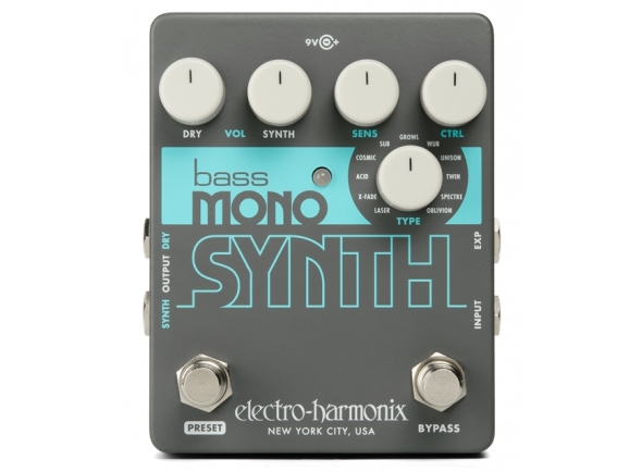 Electro Harmonix Bass Mono Synth - 11 tipos diferentes de sonido que emulan varios sintetizadores antiguos, Pedal monofónico: sintetiza una nota por oscilador, Botones: Tipo, Ctrl, Sens, Volumen (Synth/Dry), Interruptor de pie: Pree...