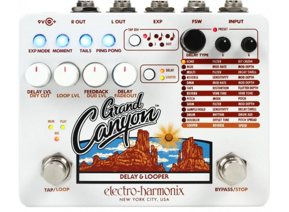 Electro Harmonix  Grand Canyon  - retraso y looper, operación digital, 12 tipos de efectos, looper totalmente funcional, Tiempo de retardo de hasta 3 segundos, tiempo de toque, 