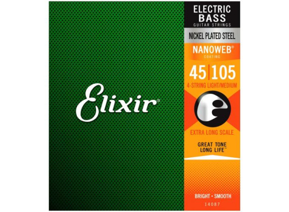 Juego de cuerdas .045 para bajo eléctrico de 4 cuerdas Elixir  14087 Nanoweb XL Extra longscale Medium