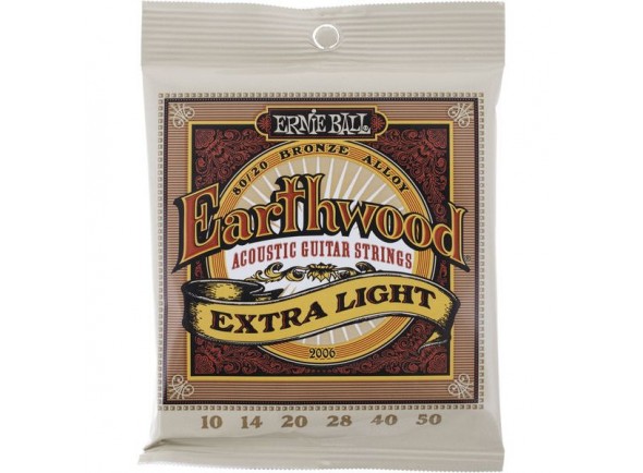 Ernie Ball 2006 Earthwood Bronze 10-50  - Intermitentes: 010 - 014 - 020w - 028-040 - 050, Extra ligero, Hecho de 80% cobre, 20% zinc, Tonos más brillantes y ricos, 
