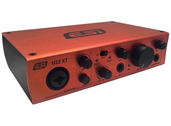 ESI U22 XT - Interfaz de audio USB 2.0, Con 2 entradas y 2 salidas, máx. 24 bits / 96 kHz, Entrada de línea, instrumento y micrófono, Preamplificador de micrófono con alimentación phantom de +48V, Salida de lín...