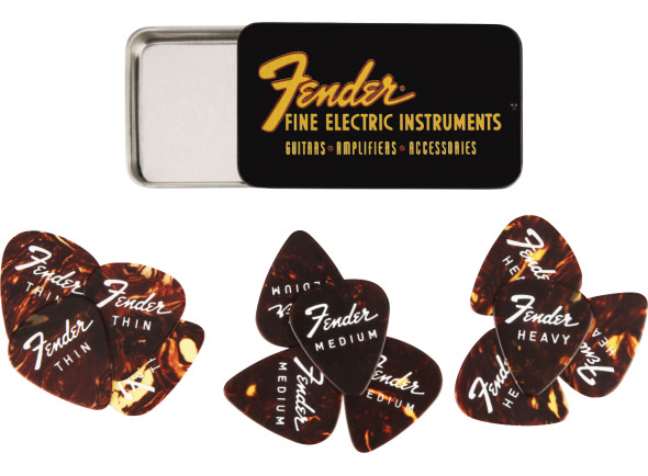 Fender  Fine Electric Pick Tin 12 Pack - 12 icónicas púas de celuloide en una elegante lata coleccionable con logotipo vintage., 