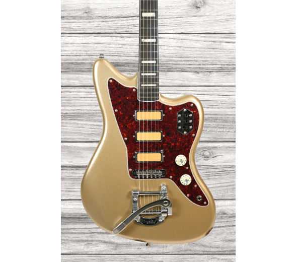 Fender  Gold Foil Jazzmaster Ebony Fingerboard Shoreline Gold B-Stock - Cuerpo: Caoba, Mástil: Arce, Construcción: atornillada, Escala: Ébano, Incrustaciones: bloque perlado blanco, Longitud de escala: 648 mm (25,5