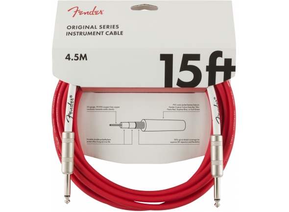 Fender Original Cable FR Jack 4.5m  - Longitud: 4,5 m, Cubierta de PVC de 8 mm para evitar ruido adicional, Blindaje: 90% cobre, Color: Fiesta Rojo, 