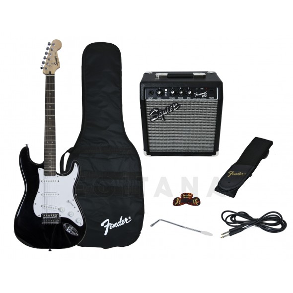Fender Pack Guitarra Strat BK GB 10G  - Paquete de guitarra eléctrica Fender Stratocaster Guitar Pack BK GB 10G, Cuerpo: Álamo, Mástil de arce (acer), Escala en Laurel de la India, Perfil del brazo: 