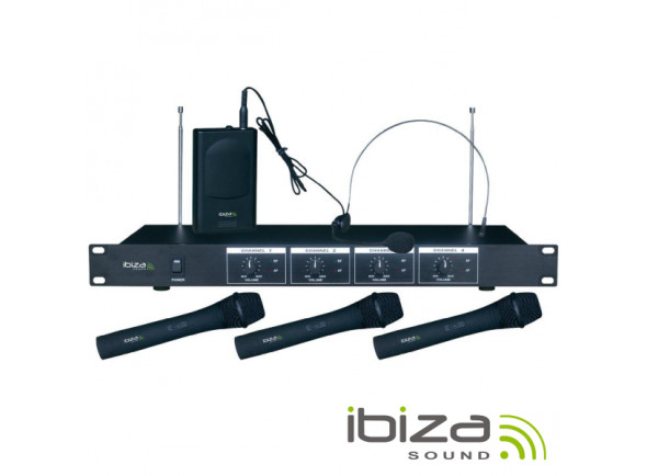 Ibiza  Central Microfone S/ Fios 4 Canais VHF 201.1/207.5MHZ VHF4 B-Stock - Centro de micrófono inalámbrico VHF con 4 canales, 3 micrófonos de mano y 1 micrófono de diadema con receptor, Frecuencias: 201.1-205.8-203.5-207.5MHz, Salida de audio: 0-300 mV, potencia de salida...