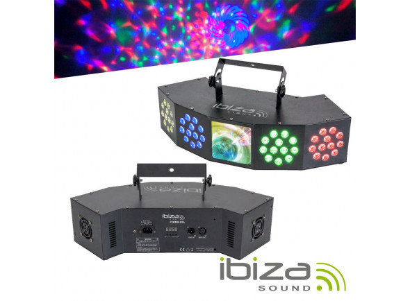 Ibiza  COMBI-FX4  - Proyector LED RGBW 3 en 1 con 3 efectos de luz, Efectos WASH, MOON y STROBE, Modos: Auto, Maestro, Esclavo o DMX, 6 canales DMX, Consumo de energía: 26W, Fuente de alimentación de 12 V CC 3 A y man...