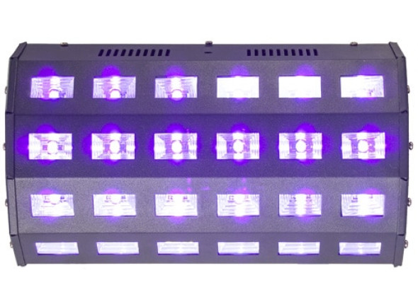 Ibiza  LED-UV24 - 9 canales DMX, Funcionamiento automático, controlado por sonido, maestro-esclavo y DMX, Cantidad de LED 24 LED UV de 3 W, Alimentación 220-240VAC 50/60HzHz, Consumo 75W, Tamaño 31x17x12 cm, 