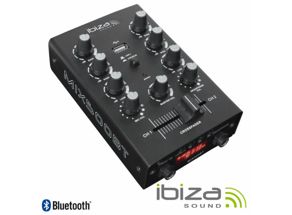 Ibiza  Mesa de Mistura 2 Canais REC Bluetooth MIX500BT - Mesa de mezclas con 2 canales, 2 entradas de línea y 1 MIC, Reproductor MP3 con entrada USB y Bluetooth, Salida REC (grabación), Crossfader, Control de agudos, medios y graves, Peso: 0,55 kg, 
