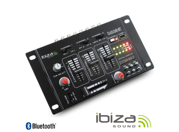 Ibiza  Mesa de Mistura 4 Canais 7 Entrada USB/BT DJ21USB-BT - Mesa de mezclas con 4 canales USB/BT, Entradas 1 PHONO/Line conmutable, 1 PHONO/USB conmutable, 1 CD y 2 MIC, Control de reproducción USB con Bluetooth, Talkover, medidor de VU LED, Auriculares CUE...