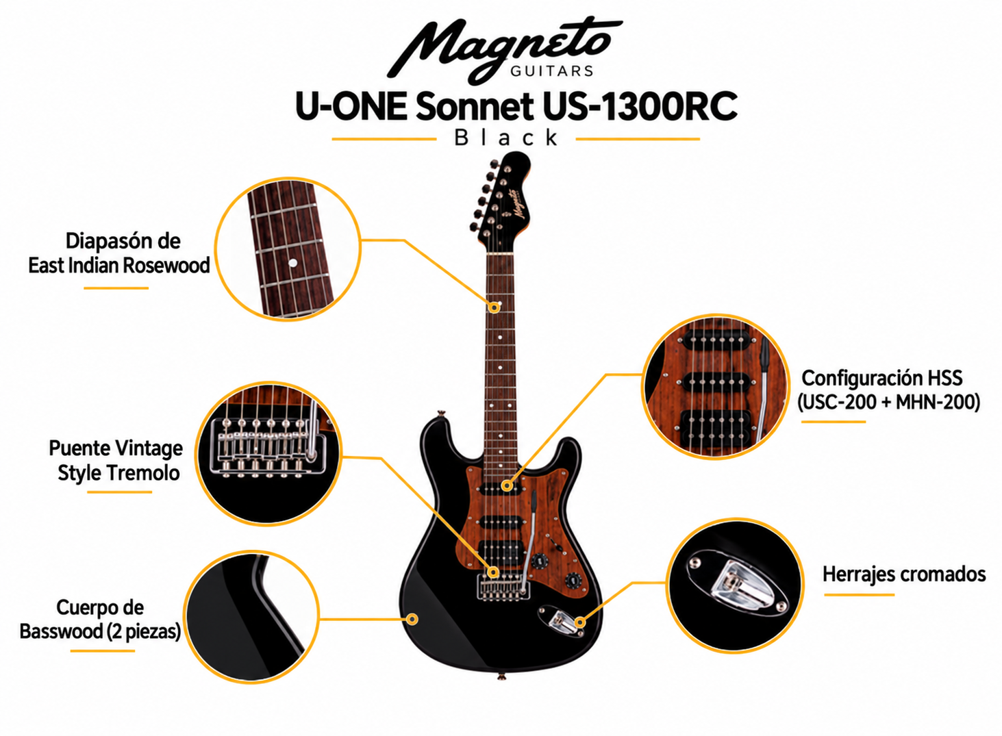 Magneto Guitarra Elétrica HSS US-1300RC Black com Saco 