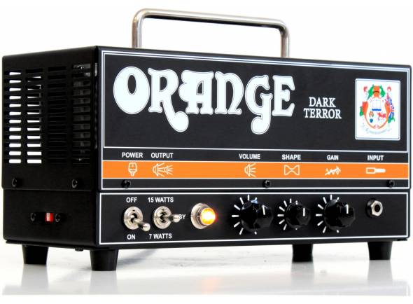 Orange DARK TERROR - Entre 15W y 7W conmutable, un canal, 3 válvulas de preamplificador ECC 83, 2 válvulas amplificadoras de potencia EL84, Controles de ganancia, tono, volumen, Caja de acero macizo y negro., 