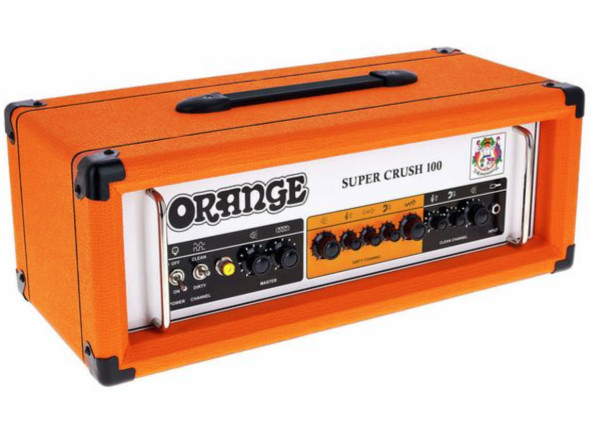 Orange  Super Crush 100 Head - 2 canales, Potencia: 100W, Canal limpio: volumen, graves y agudos, Canal sucio: volumen, graves, medios, agudos y ganancia, Maestro: volumen y reverberación, Efectos: Reverberación, 