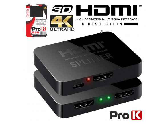 ProK   Distribuidor HDMI 1 Entrada 2 Saídas 4K  - Distribuidor amplificado HDMI 2 salidas, Máxima resolución Ultra HD 4Kx2K, 1 entrada HDMI hembra, 2 salidas HDMI hembra, Admite video 3D, ancho de banda de hasta 300 MHz, Alimentación: cable USB 5V...