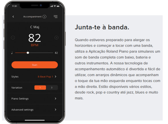 Roland Piano app permite acesso a Ritmos e permite controlar remotamente (por bluetooth) as funções do piano