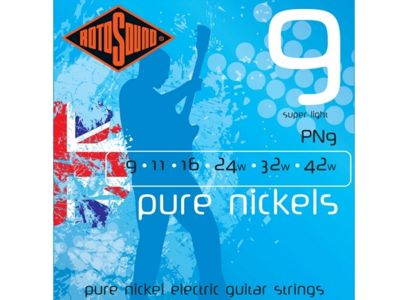 Rotosound Pure Nickel PN 9-42  - Estas son las cuerdas de guitarra eléctrica de gama alta. Conocidos por su extremadamente alta respuesta magnética, volumen y profundidad de tono., 