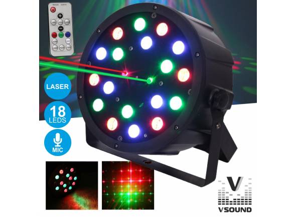 VSOUND VSPROJPL18LA - Proyector PAR con 18 RGB y LED láser, 6 LED, verde, 6 rojos y 6 azules, FIREFLY RG Láser (Verde y Rojo), Rojo @ 100mW, Verde @ 30mW, Operación: Auto, DMX, Sonido, control remoto, Voltaje de funcion...
