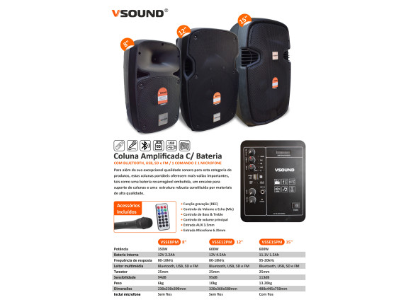 VSOUND VSSE8PM coluna c/ bateria 350W + Micro sem fios